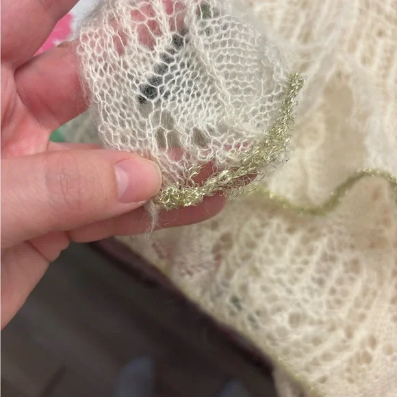 Ralph Lauren Lace Knit Scarf Ivory Mohair Blend Gold Metallic Ends Boho Romantic - Picture 10 of 10